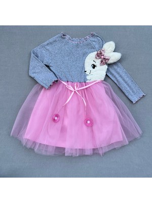 Diji Baby 5-6-7 Yaş Pelüş Tavşan Desenli Kurdela Kuşaklı Astarlı Kız Çocuk Tütü Elbise