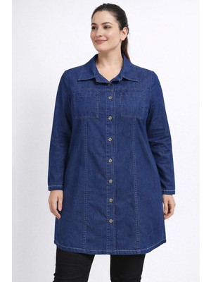 BezeXL Büyük Beden Tensel Kot Gömlek Tunik Lacivert