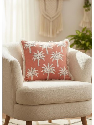 The Mia Tropikal Palmiye Desenli Kırlent Somon 45 x 45 cm