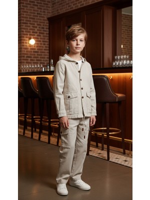 Ugly Duck 09-14 Yaş Keten Kapşonlu Üçlü Takım - Bej