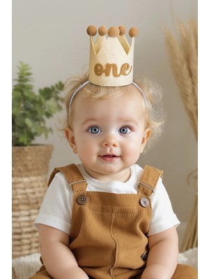 One Kahverengi Ponponlu Mini Doğum Günü Tacı - 1 Yaş Bebek Parti Şapkası