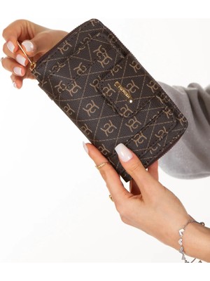 Newish Polo Kadın Deri Desenli Telefon Kağıt Para Bölmeli Kartlık ve Cüzdan NEWPOLO215 - Kahverengi