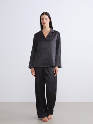 Lcw Siyah Gömlek Yaka Fiyonklu Saten Kadın Pijama Takımı