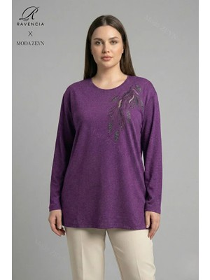 Ravencia Kadın Büyük Beden Renkli Yaprak Desenli Taşlı Likralı Yırtmaçlı Yün Viskon Anne Penye Bluz