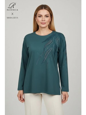 Ravencia Kadın Pembe Yaprak Desenli Taşlı Yırtmaçlı Nakış Işlemeli Likralı Viskon Anne Penye Bluz