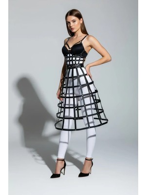 Çamaşır Kenti Siyah Kadın Etek Suni Deri Etek Kafes Yapılı Midi Boy Deri Etek - CK1013