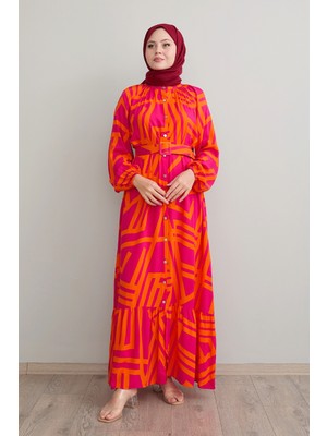 inStyle Şeritli Kemerli Fuşya Viskon Elbise