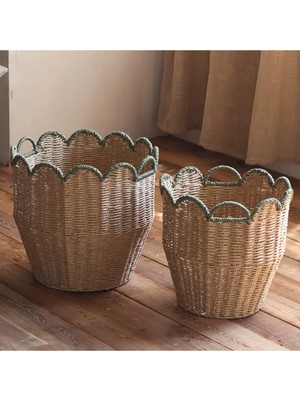 Hasır Bambu Çiçekli Ağız Tasarımlı 2’li Sepet Seti & Dekoratif Oda Dekoru ve Çok Amaçlı Organizer
