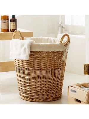 Rattan & Bambu Kulplu Yuvarlak Sepet Organizer & Dekoratif Geniş Depolama Sepeti