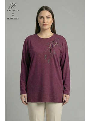 Ravencia Kadın Büyük Beden Renkli Yaprak Desenli Taşlı Likralı Yırtmaçlı Yün Viskon Anne Penye Bluz