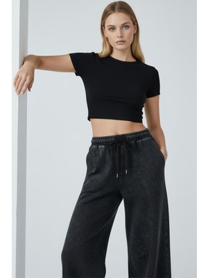 Lupinn Kadın Antrasit Yıkamalı Bol Paça Eşofman Altı Yüksek Bel Lastikli Rahat Kesim Günlük Pantolon