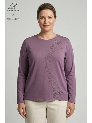 Ravencia Kadın Damla Yaprak Desenyaka ve Etek Taşlı Işlemeli Yırtmaçlı Likralı Anne Penye Bluz