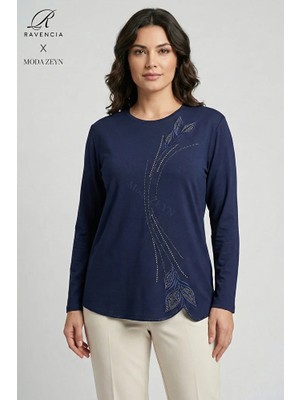 Ravencia Kadın Damla Yaprak Desenyaka ve Etek Taşlı Işlemeli Yırtmaçlı Likralı Anne Penye Bluz