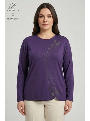 Ravencia Kadın Damla Yaprak Desenyaka ve Etek Taşlı Işlemeli Yırtmaçlı Likralı Anne Penye Bluz