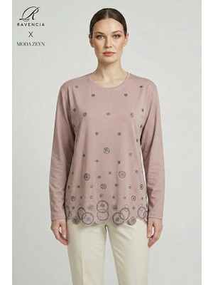 Ravencia Kadın Halka Desenli Yaka ve Etek Taşlı Işlemeli Yırtmaçlı Likralı Anne Penye Bluz