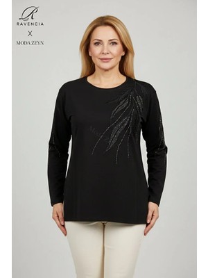 Ravencia Kadın Pembe Yaprak Desenli Taşlı Yırtmaçlı Nakış Işlemeli Likralı Viskon Anne Penye Bluz