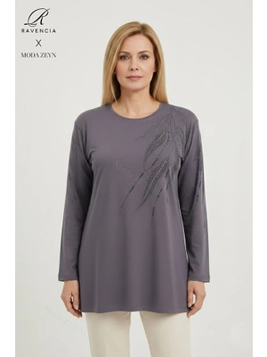 Ravencia Kadın Pembe Yaprak Desenli Taşlı Yırtmaçlı Nakış Işlemeli Likralı Viskon Anne Penye Bluz