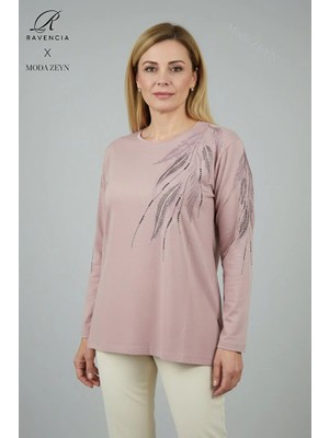 Ravencia Kadın Pembe Yaprak Desenli Taşlı Yırtmaçlı Nakış Işlemeli Likralı Viskon Anne Penye Bluz