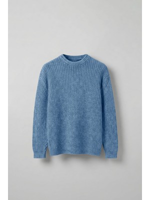 Abluka Online Erkek Oversize Yıkamalı Efektli Basic Kazak Mavi