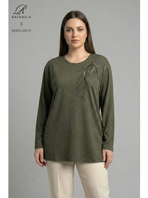 Ravencia Kadın Büyük Beden Renkli Yaprak Desenli Taşlı Likralı Yırtmaçlı Yün Viskon Anne Penye Bluz