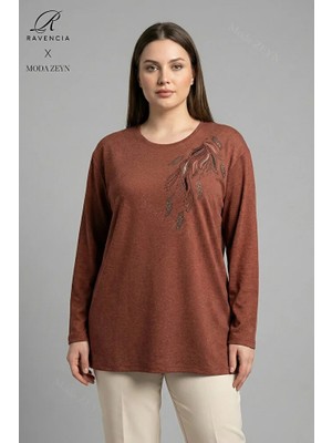 Ravencia Kadın Büyük Beden Renkli Yaprak Desenli Taşlı Likralı Yırtmaçlı Yün Viskon Anne Penye Bluz