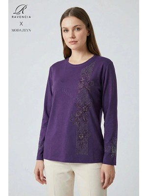 Ravencia Kadın Şerit Desenli Yaka ve Etek Taşlı Işlemeli Yırtmaçlı Likralı Anne Penye Bluz