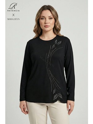 Ravencia Kadın Damla Yaprak Desenyaka ve Etek Taşlı Işlemeli Yırtmaçlı Likralı Anne Penye Bluz