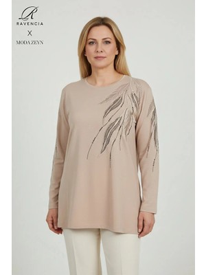 Ravencia Kadın Pembe Yaprak Desenli Taşlı Yırtmaçlı Nakış Işlemeli Likralı Viskon Anne Penye Bluz