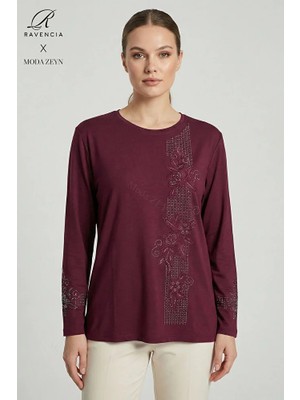 Ravencia Kadın Şerit Desenli Yaka ve Etek Taşlı Işlemeli Yırtmaçlı Likralı Anne Penye Bluz
