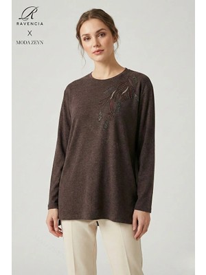 Ravencia Kadın Büyük Beden Renkli Yaprak Desenli Taşlı Likralı Yırtmaçlı Yün Viskon Anne Penye Bluz