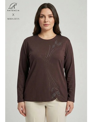 Ravencia Kadın Damla Yaprak Desenyaka ve Etek Taşlı Işlemeli Yırtmaçlı Likralı Anne Penye Bluz