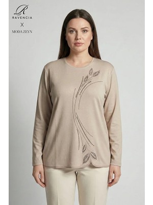 Ravencia Kadın Damla Yaprak Desenyaka ve Etek Taşlı Işlemeli Yırtmaçlı Likralı Anne Penye Bluz