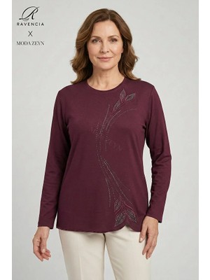 Ravencia Kadın Damla Yaprak Desenyaka ve Etek Taşlı Işlemeli Yırtmaçlı Likralı Anne Penye Bluz