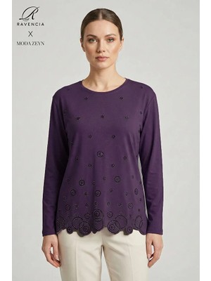 Ravencia Kadın Halka Desenli Yaka ve Etek Taşlı Işlemeli Yırtmaçlı Likralı Anne Penye Bluz
