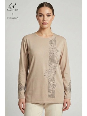 Ravencia Kadın Şerit Desenli Yaka ve Etek Taşlı Işlemeli Yırtmaçlı Likralı Anne Penye Bluz