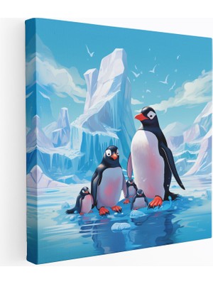 Popcas Penguen Ailesi Kanvas Tablo Karikatür Penguenler Buzdağı Üzerinde