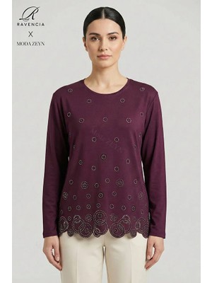 Ravencia Kadın Halka Desenli Yaka ve Etek Taşlı Işlemeli Yırtmaçlı Likralı Anne Penye Bluz