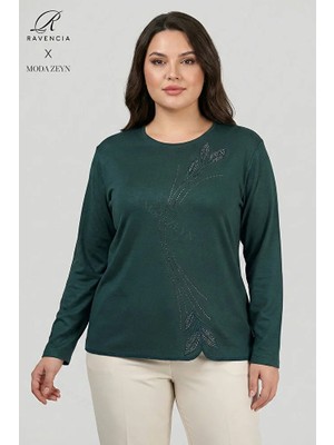 Ravencia Kadın Damla Yaprak Desenyaka ve Etek Taşlı Işlemeli Yırtmaçlı Likralı Anne Penye Bluz