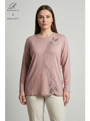 Ravencia Kadın Damla Yaprak Desenyaka ve Etek Taşlı Işlemeli Yırtmaçlı Likralı Anne Penye Bluz