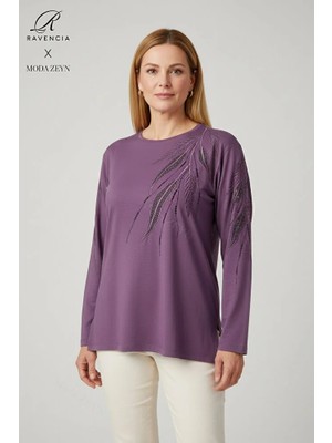 Ravencia Kadın Pembe Yaprak Desenli Taşlı Yırtmaçlı Nakış Işlemeli Likralı Viskon Anne Penye Bluz