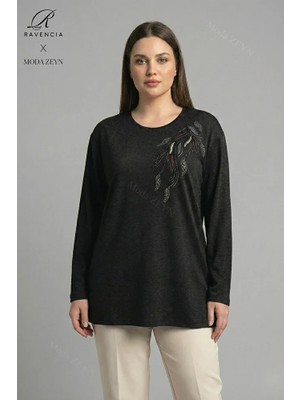 Ravencia Kadın Büyük Beden Renkli Yaprak Desenli Taşlı Likralı Yırtmaçlı Yün Viskon Anne Penye Bluz