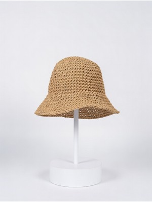 Mollycrush Kadın Camel Hasır Örgü Bucket | Bohem Stil Plaj ve Güneş Şapkası