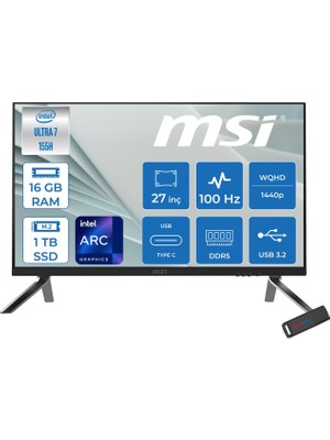 MSI Msı Modern Aı Ultra 7 155H 4.8ghz 16GB Ddr5 1tb SSD Intel Arc Graphics Freedos 27" Wqhd IPS 100Hz Yapay Zeka Destekli All In One Bilgisayar 1UM280EUF03 + Zetta USB
