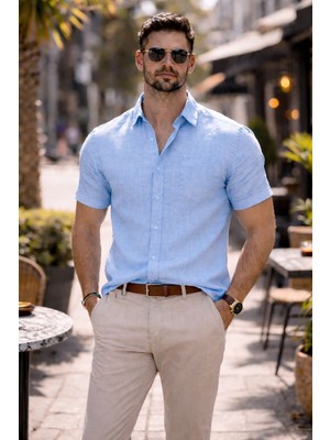 Colvis Man Erkek Klasik Kısa Kol Likralı Flam Keten Gömlek Hediye Kutulu
