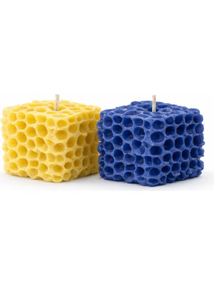 Waxera Sarı Lacivert 2’li Küp Mum Seti –  El Yapımı -%100 Soya Wax - Parafin Içermez