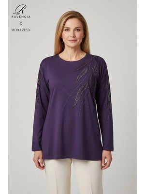 Ravencia Kadın Pembe Yaprak Desenli Taşlı Yırtmaçlı Nakış Işlemeli Likralı Viskon Anne Penye Bluz