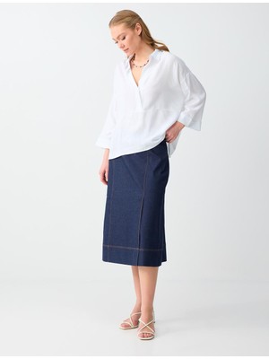 Jimmy Key Koyu Indigo Mavi Yüksek Bel Rahat Kesim Midi Dokuma Etek