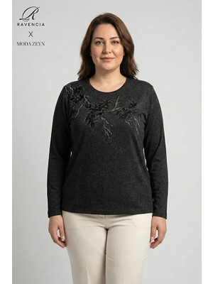 Ravencia Kadın Ağaç Desen Taşlı Likralı Yırtmaçlı Yün Viskon Anne Penye Bluz