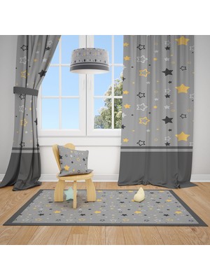 Mekta Home Yıldızlar Gri Fon Perdesi 2 Kanat Çift Kanatlı Örme Kumaş Özellikli