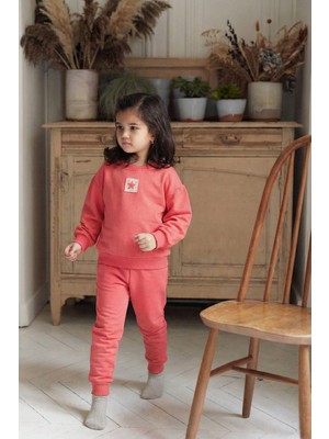 Etiket Detaylı Sweatshirt Takım 1-7 Yaş Mercan